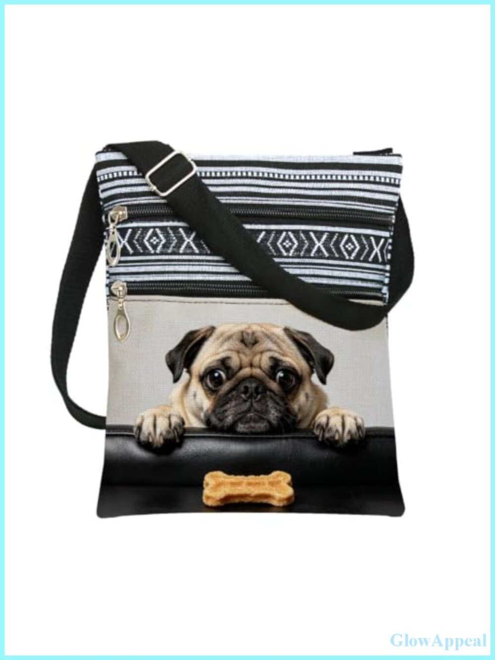 Kawaii Pug Printed Crossbody Bag Small Ethnic Messenger Adjustable Strap Multi